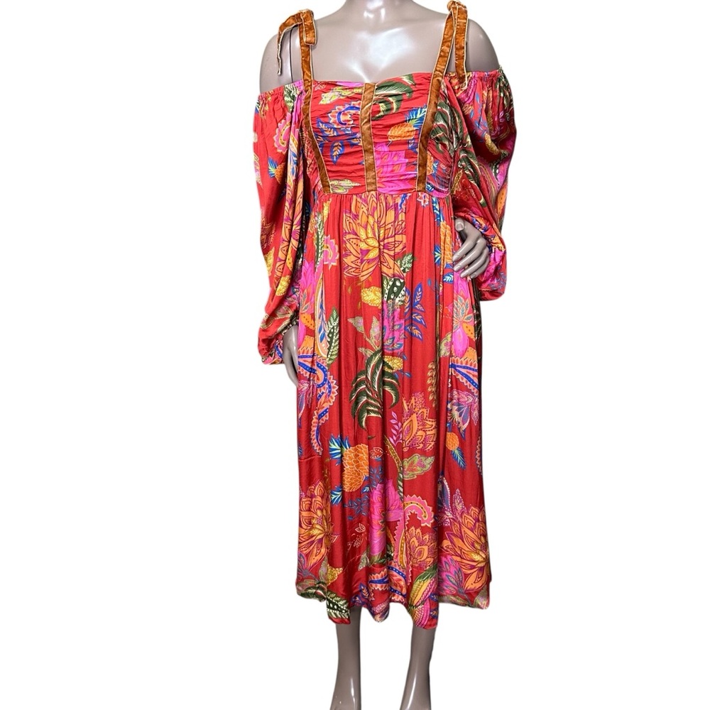 FARM Rio Red Multicolor Floral Puff-Sleeve Midi Dress - Picture 8 of 8